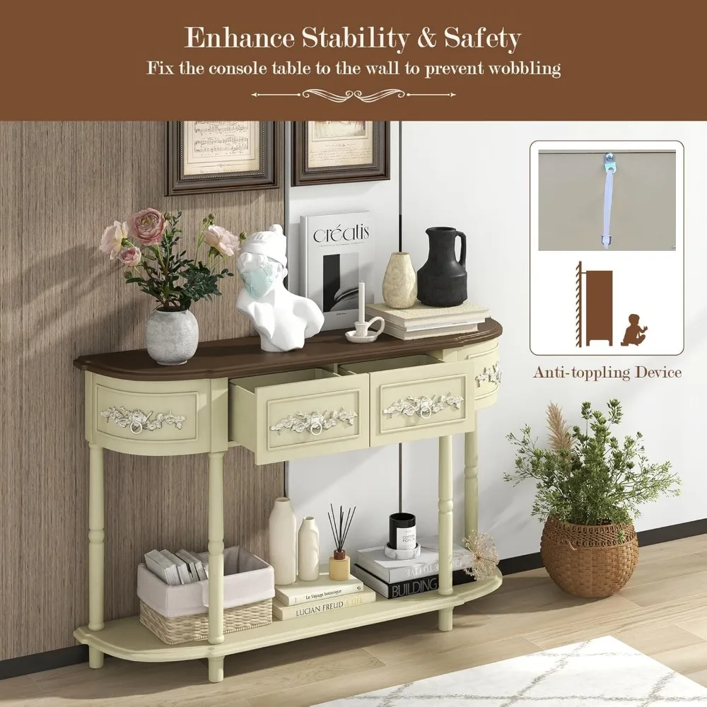 طاولة كونسول ريترو مع أدراج، 52 طاولة أريكة ضيقة طويلة مع رف مفتوح، طاولة مدخل نصف قمر مع مساحة تخزين، صلبة #5