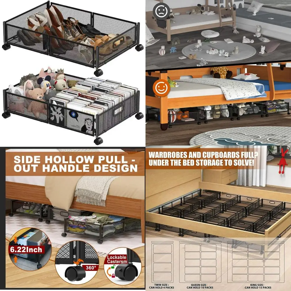 عبوة من صناديق تخزين تحت السرير قابلة للطي مع أغطية وعجلات ومقابض للأحذية والملابس والألعاب - أسود