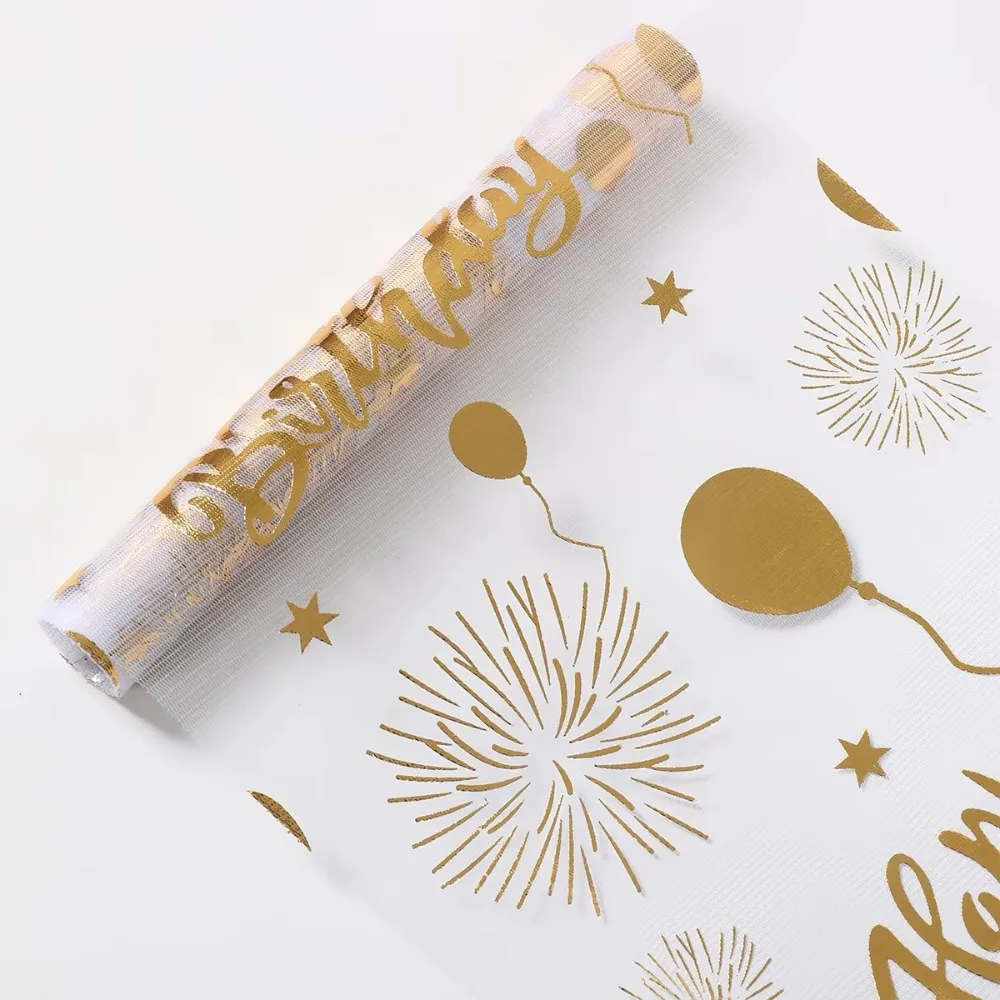 

Hot Stamping Birthday Table Flag Balloon Design Washable Mesh Tablecloth Polyester Black Gold Table Runner Wedding