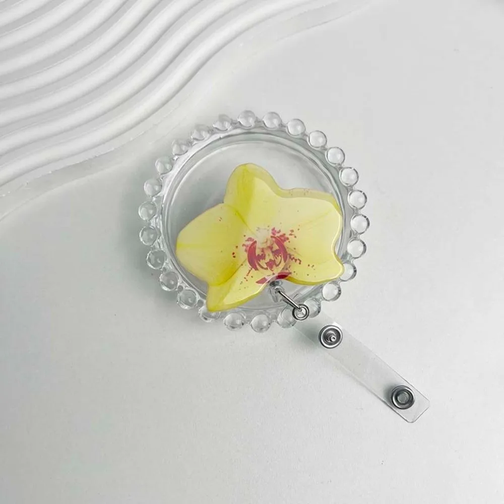 Acrylic Resin Holder Clip Orchid Flower Shape Retractable Design ID Badge Reel Durable Name Tag Badge Office Employee