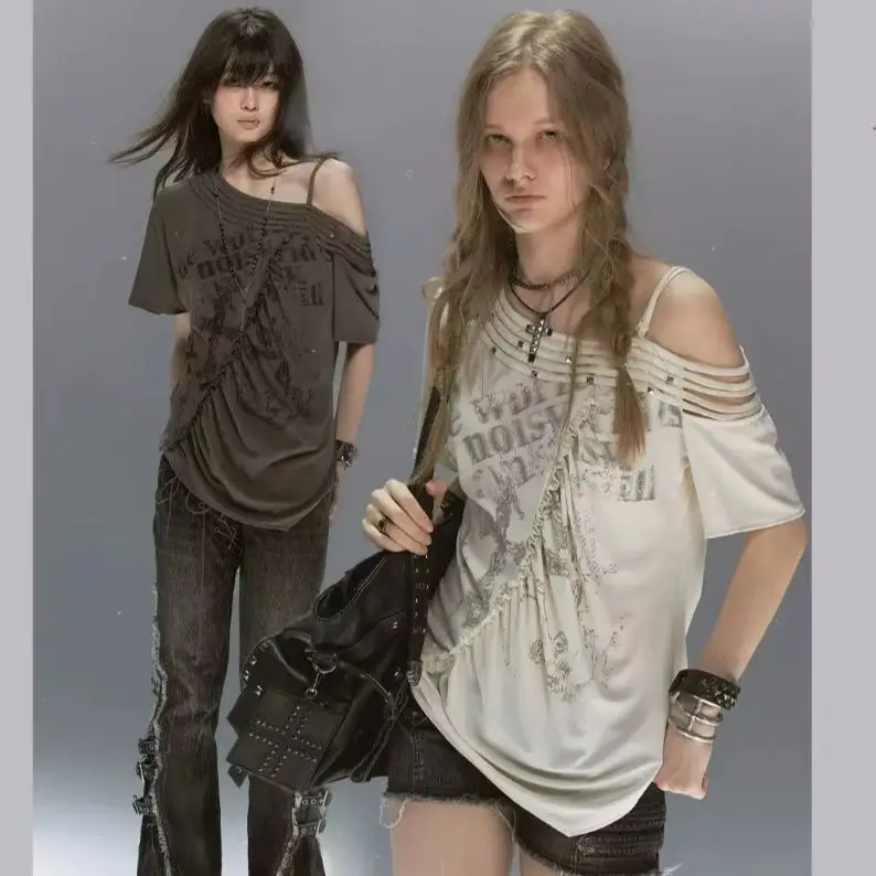 Cestnous Irregular Gothic Design Urban Modern Printed Slash Crew Neck Loose Lazy Casual T Shirt Top Shirts Summer