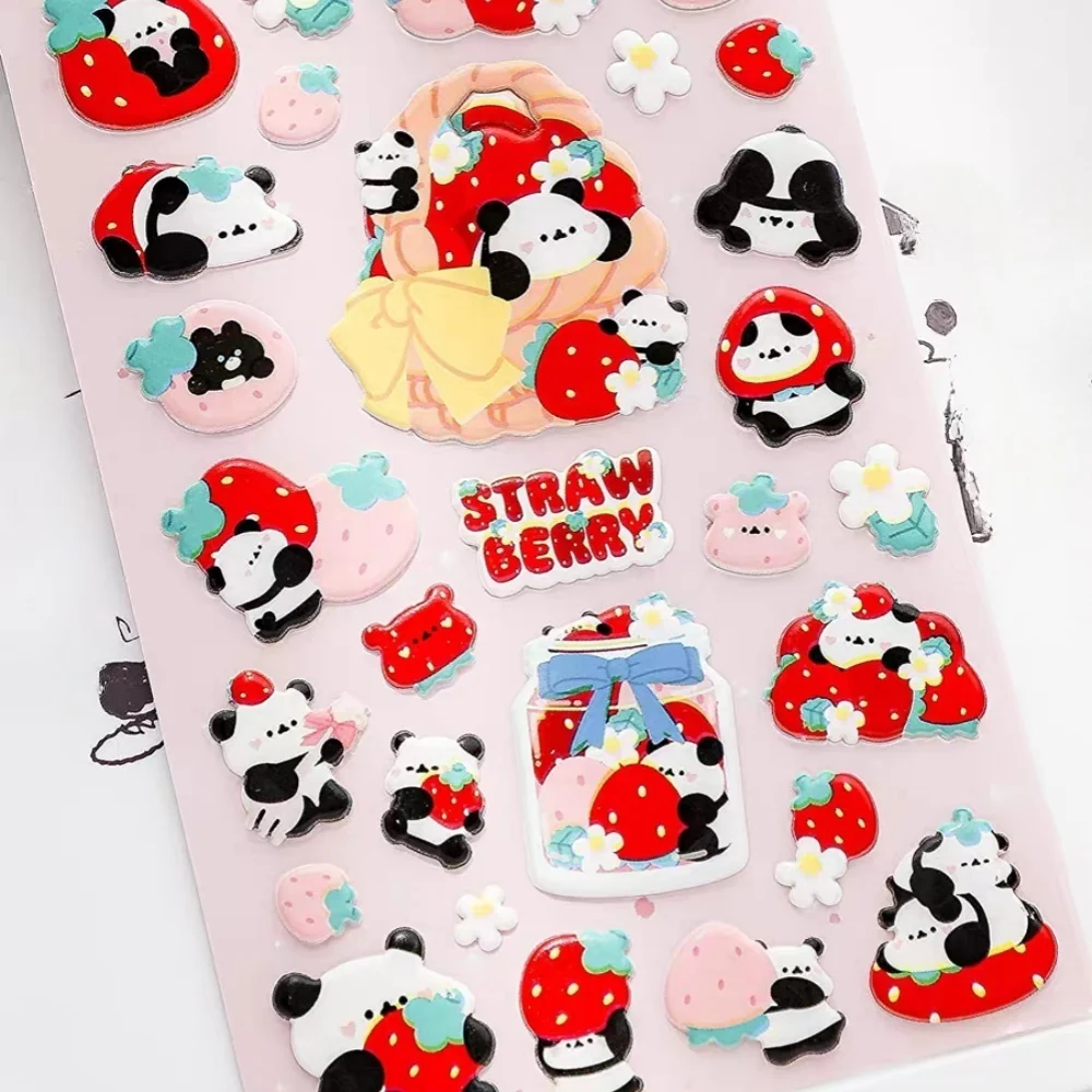 Korean Import BONITO Cute Strawberry Panda Puffy 3D Stickers Scrapbooking Diy Journal Stationery Sticker Decor School Supplies