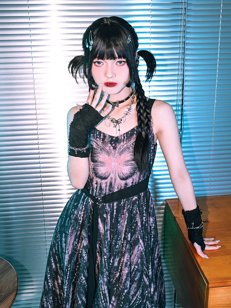 Vestido tipo estilingue estilo doce escuro design feminino camada dupla chiffon verão