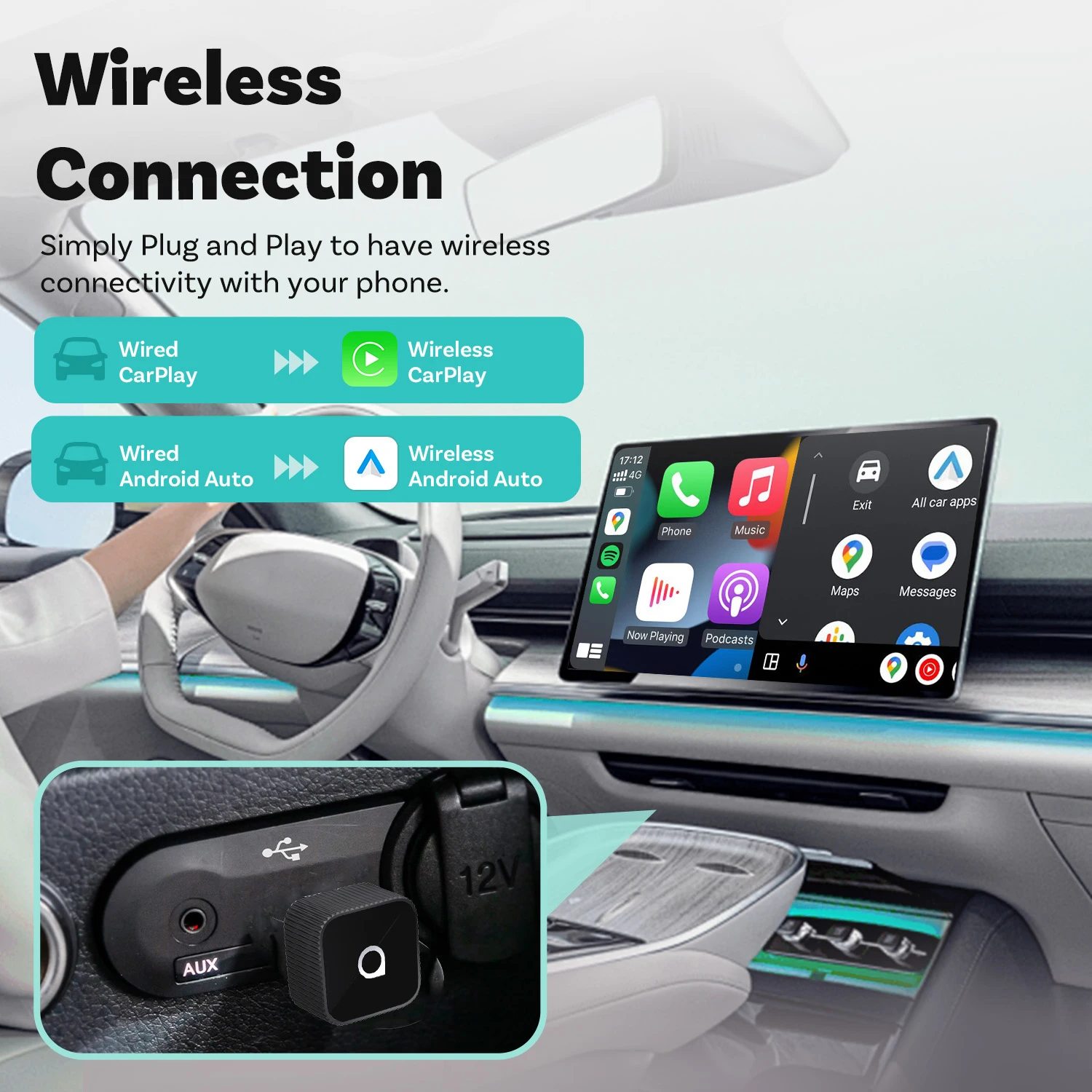 Ottocast Ultra Mini Draadloze CarPlay Android Auto Adapter USB Dongle Plug Play Bluetooth 5.8 Wifi Auto Connect voor 98% van auto's