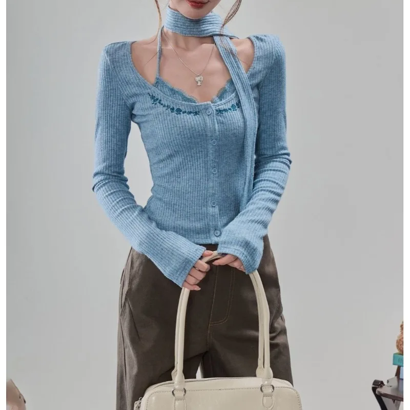 Blue Embroidered Straps Fake Two-piece Long-sleeved Bottoming Shirt Autumn and Winter New Slim and Thin Design Niche Top Women