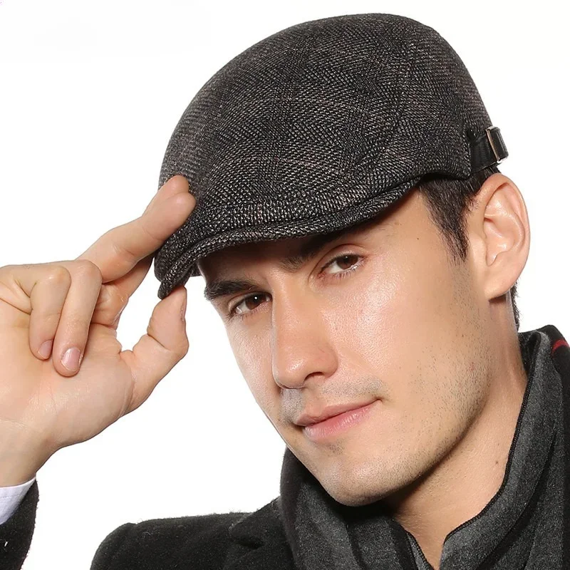 Herren Mode Baskenmützen Hochwertige Herbst-Winter Woll-Fischgrätmuster Flache Mütze Klassischer Künstler-Malermützen-Stil Männliche Gorras – Detail 11