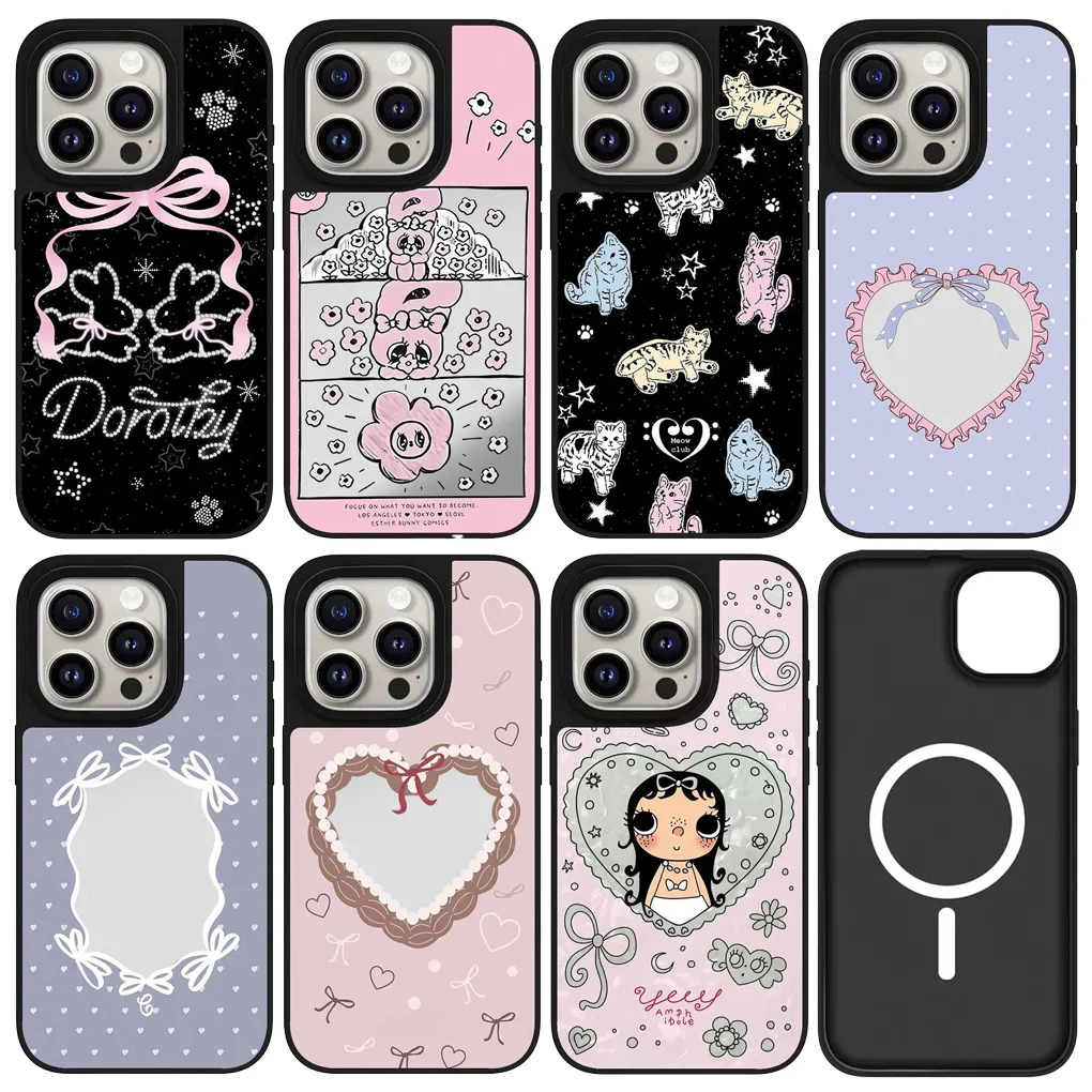 

Heart Mirror Black Border Magnetic Protective Case for IPhone 12 13 14 15 16 17 Pro Max