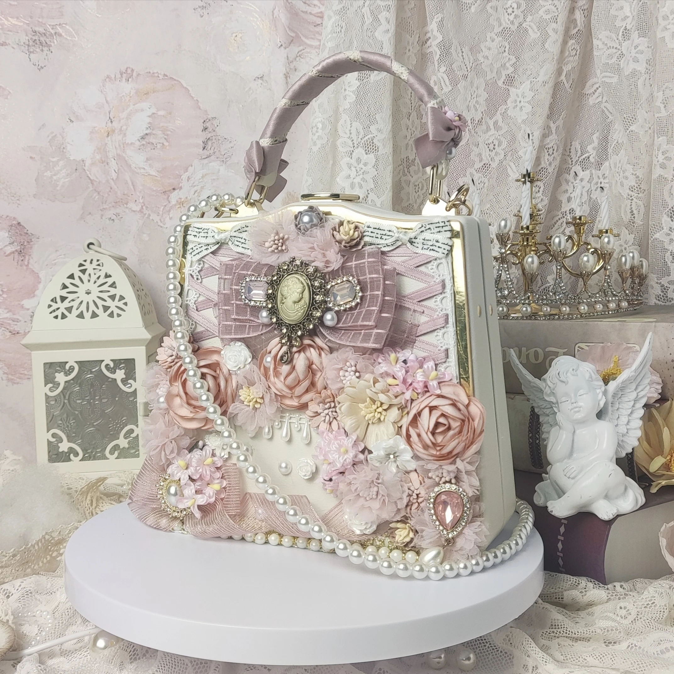 Women Girl Lolita Handbags Satchels Flowers Bowtie Imitation Pearl Shoulder Bag Crossbody Bags Luxury Lace Ribbon Pink Color