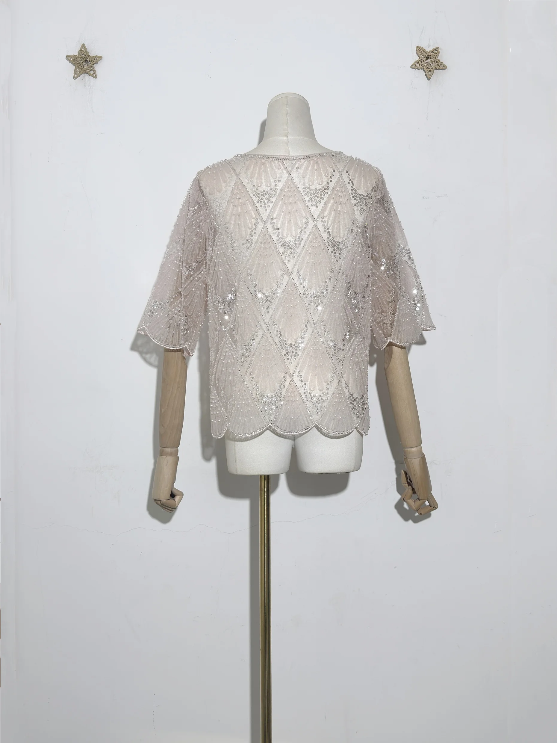 Amzing Vintage Donna Ricamo in pizzo Paillettes Perla Perline O-Collo Manica corta Canotta Camicetta Pullover Bella T-shirt streetwear