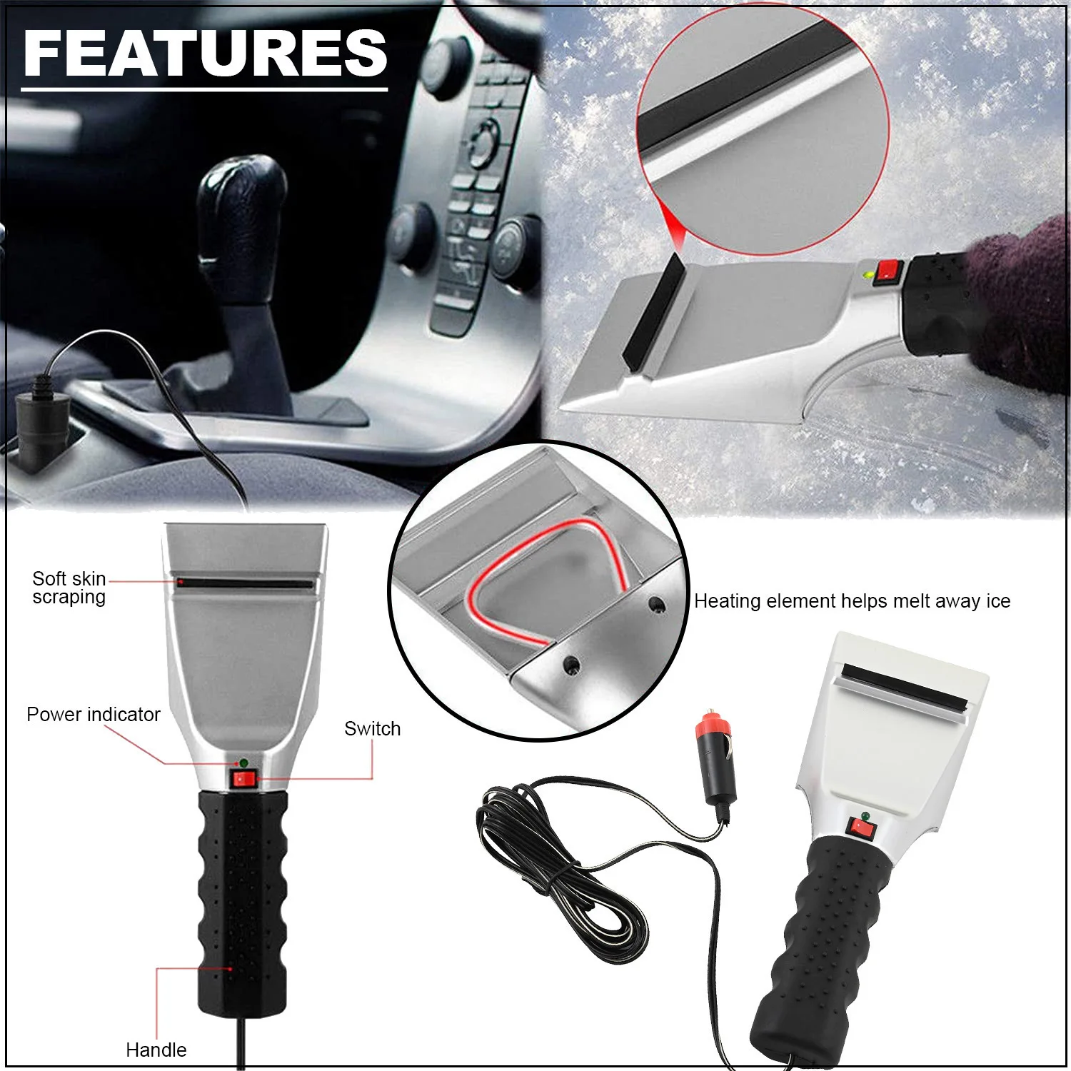 12V Winter Electric Heater Car Ice Scraper Windshield Glass Snow Shovel Removal Defrost Cleaning Tool Heat Snow Scraper