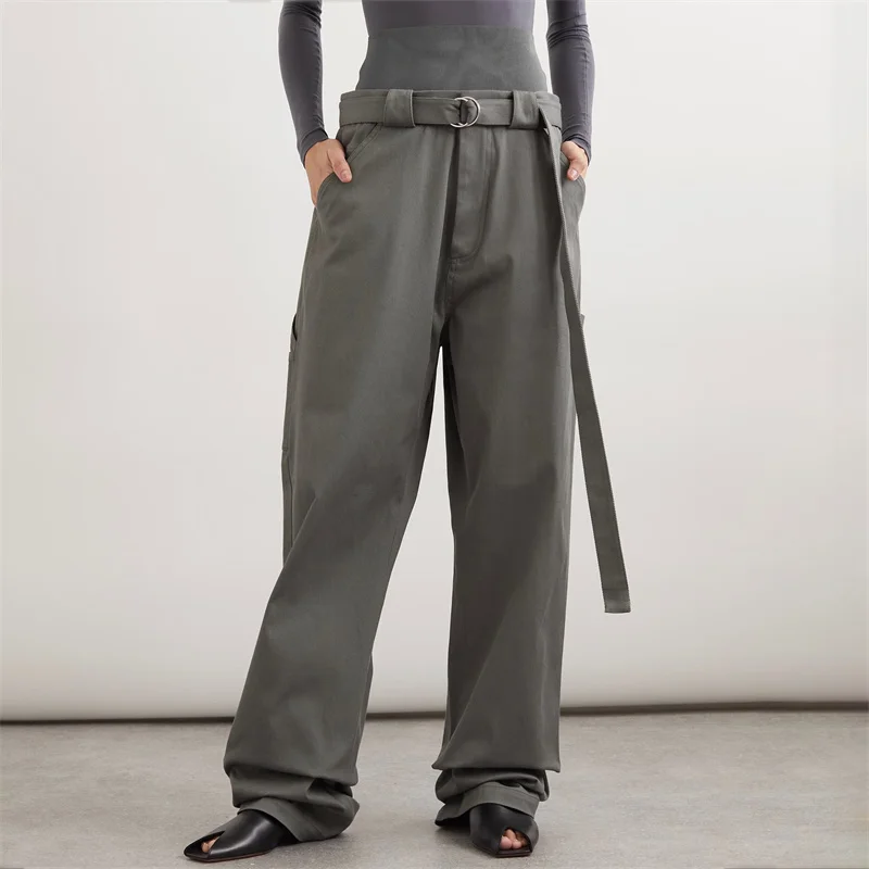 

Women's pants New ribbed knitted spliced straight leg pants for summer 2025 High waisted slim wide leg pants wool blend trousers