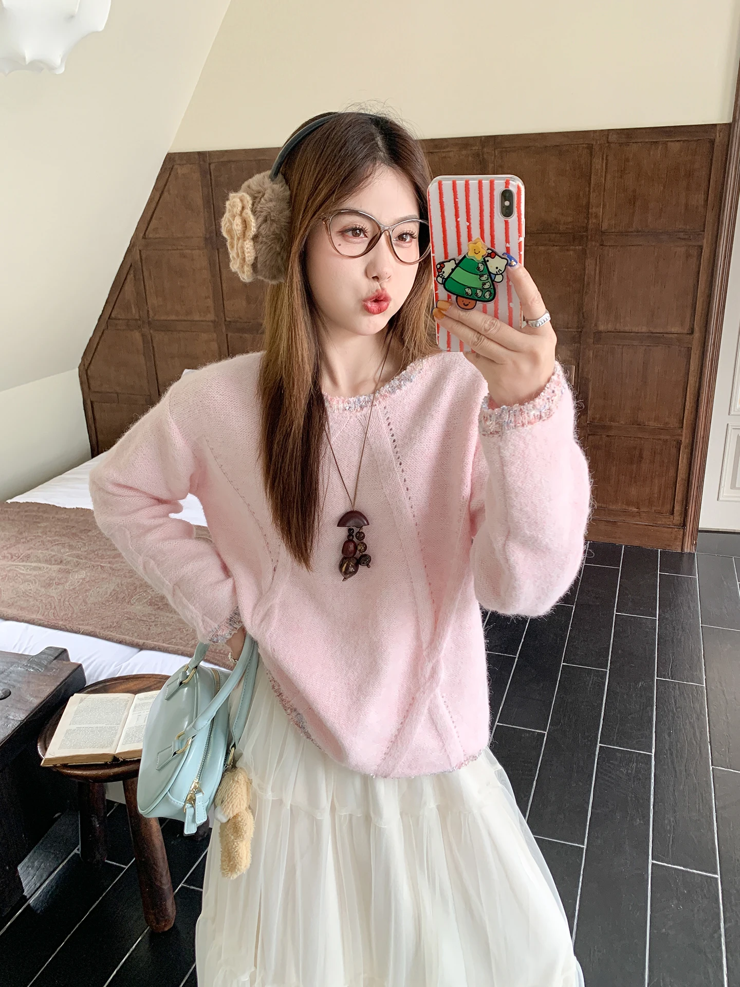 

Розовый круглый вязаный свитер свободного кроя для женщин, повседневный, из смесовой ткани (полиэстер, шерсть, нейлон), для зимнего сезона, модный