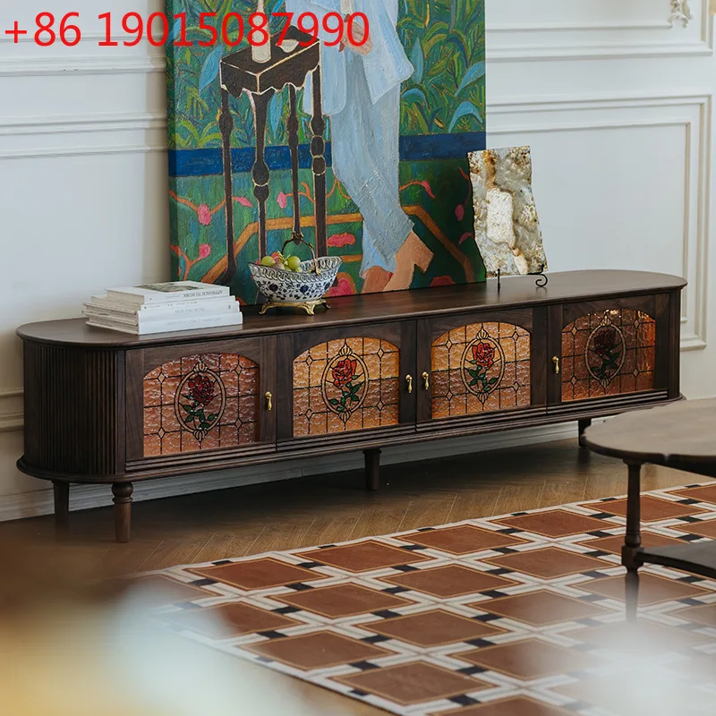 

North American black walnut solid wood TV cabinet retro living room stained glass floor-to-ceiling TV cabinet
