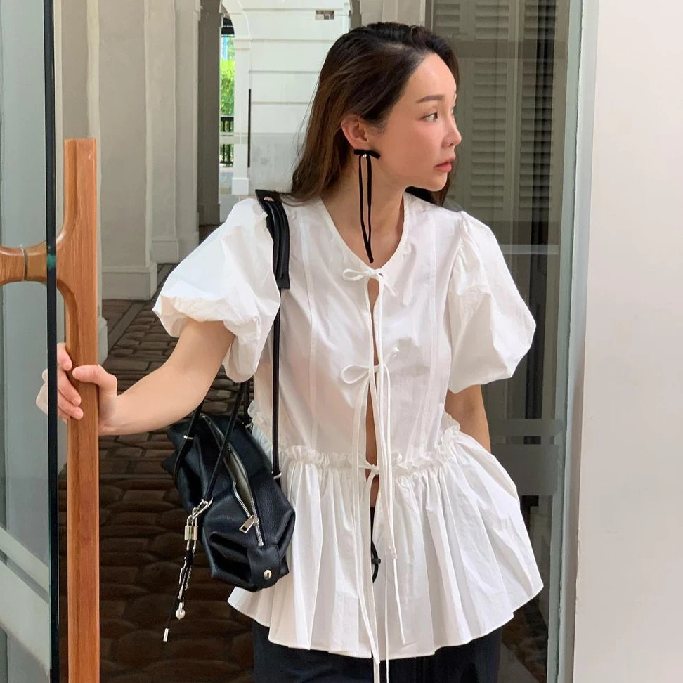 

2026 Summer New Korean Style Chic Fashionable Casual round Neck Pullover Bow Tie Bubble Sleeve Shirt Top Women's Clothing