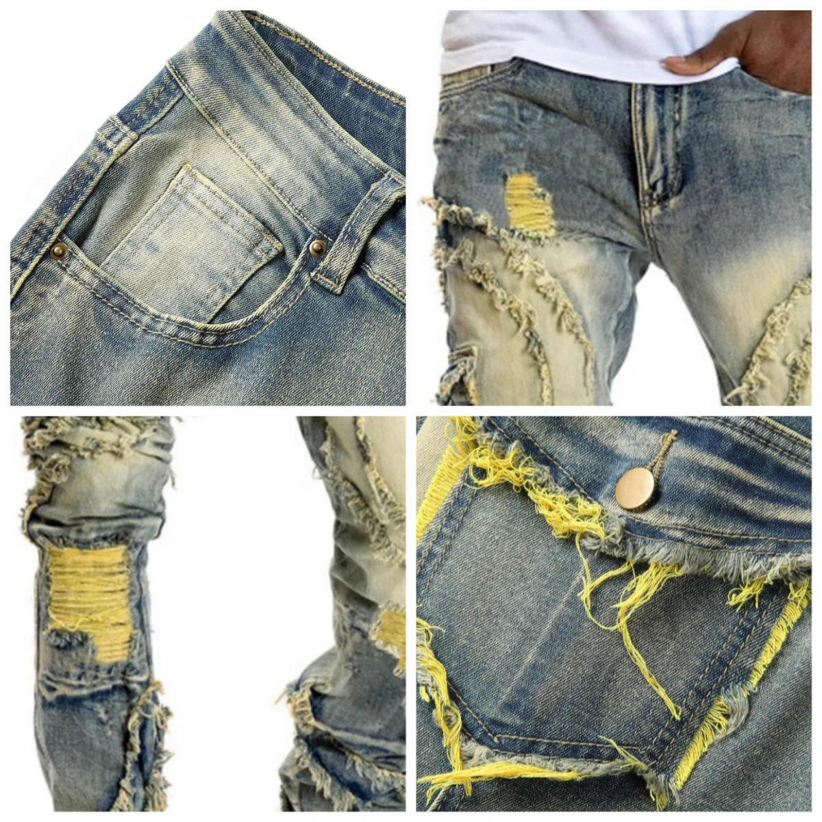 New European and American men's casual jeans, street punk fashion, retro, ripped hole, slightly flared tassel elastic jeans