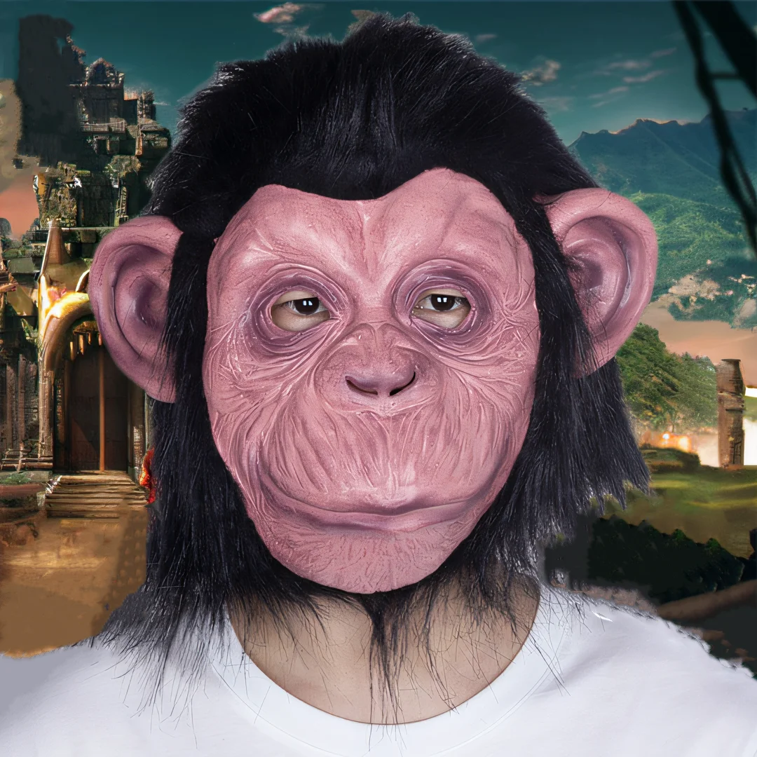 Cosplay Monkey Animal Helmet Deluxe Chimp Mask With Hair Novelty Big Ear King Kong Gorilla Headgear Latex Full Head Masks