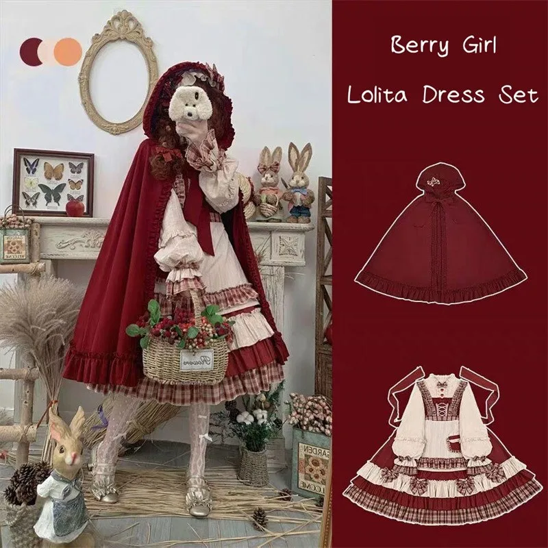 M-4XL Automne Hiver Berry Girl Lolita OP Robe Rouge À Capuche Everak Robe À Manches sulfÀ Volants Bord Splice Robe