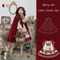 M-4XL Autumn Winter Berry Girl Lolita OP Dress Red Hooded Cloak Long Sleeve Dress Ruffle Edge Splice Dress