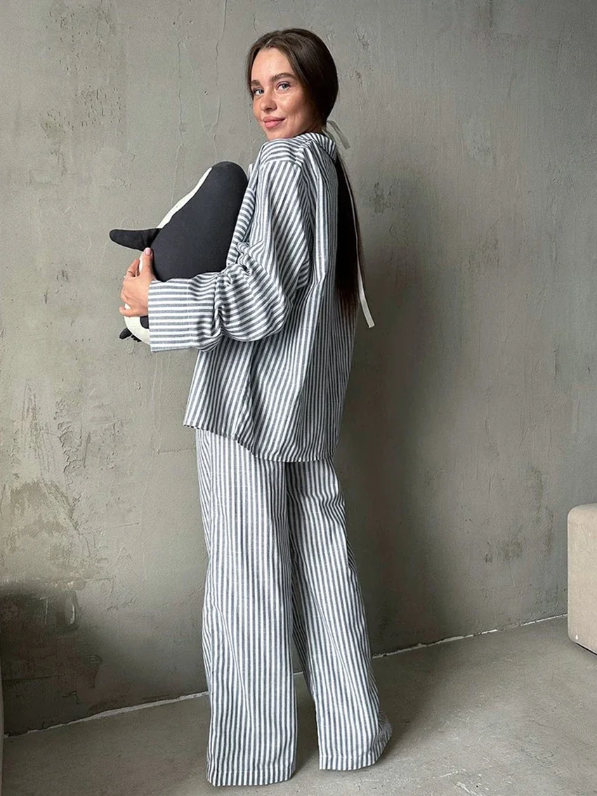 TXii Striped Female Sleepwear Suit Long Sleeve Nightwear Sexy Turn-Down Collar Pajamas Wide Leg Pants Loose Nightgowns Set