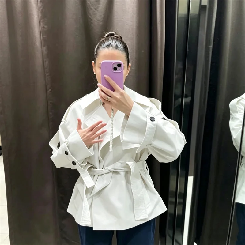 Guobioziy Women's Jacket 2026 Early Autumn New Casual Fashion Long-Sleeve Turn-Down Collar Short Trench Coat with Belt