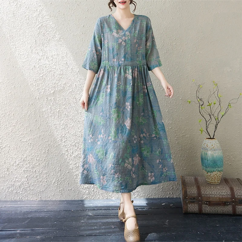 Retro Canapa Dr V-ne da donna in cotone e lino aderente in vita Midi Summer Zen Pure Tea Abbigliamento Stampa artistica Abito Vestibilità ampia...