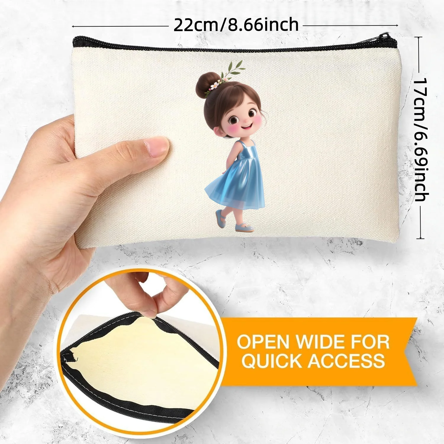 

1PC Cute Cartoon Girl in Blue Dress Print Canvas Makeup Bag, Double Sided Cosmetic Pouch
