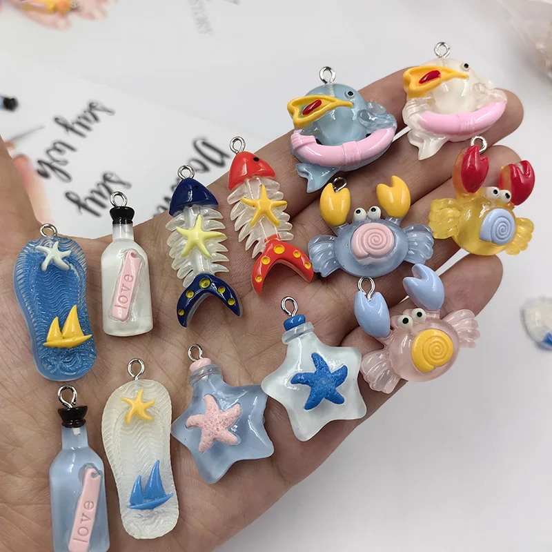 10pcs Cartoon Crab Fish Drift Bottle Starfish Charms for Jewelry Making Ocean Pendants Diy Earring Necklace Keychain Findings