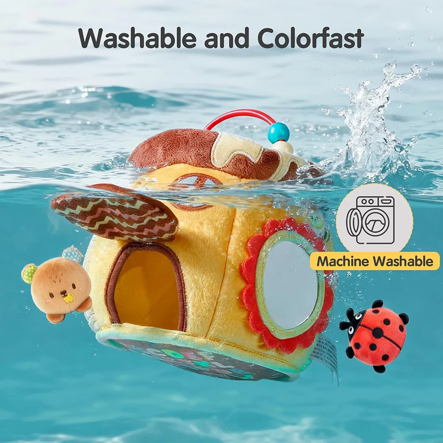 Brinquedos para bebês de 6 a 12 meses, casinha de abelha com animais de fazenda de pelúcia para crianças de 1 a 3 anos, colmeia de pelúcia com chocalhos, espelho rangido