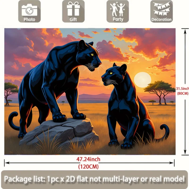 Black Panther Couple Sunset Safari African Wildlife 2D Flat Tapestry Backdrop For Living Room Decor Animal Wall Hanging ArtPrint