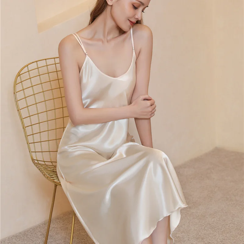 

Mid-length Slim-fit Sexy Large V-neck Suspenders Soft and Smooth Thin Twisted Satin Silk Nightgown Sleepwear Women