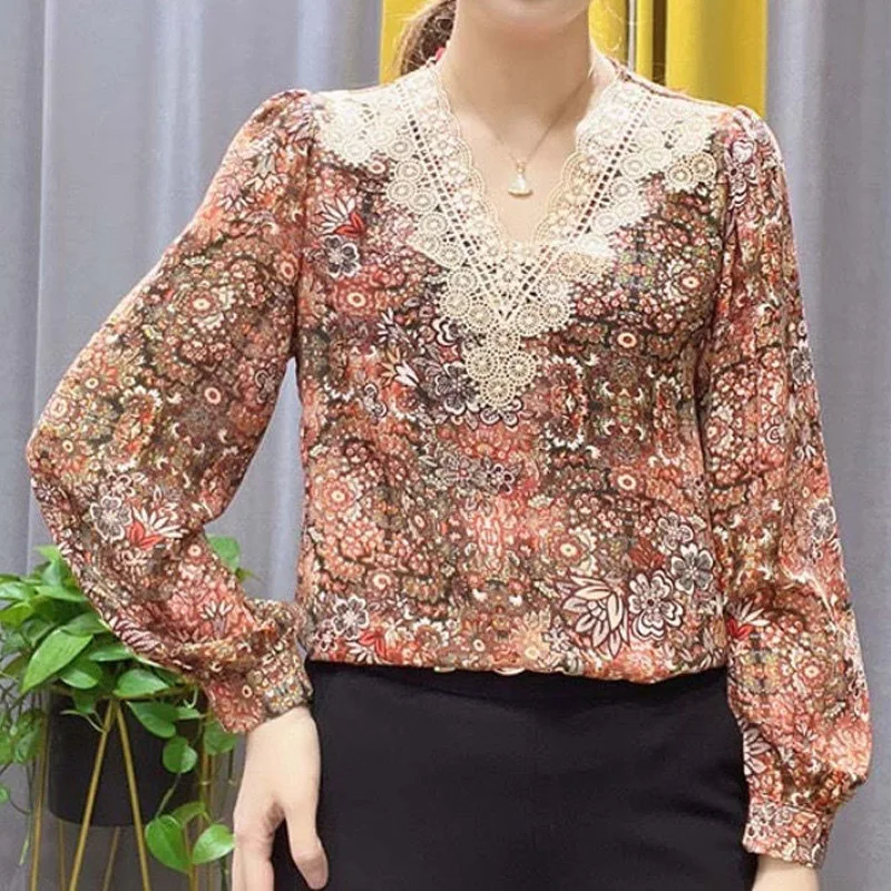 Blusa de chifón holgada de manga larga con cuello de pico para mujer, camisa de retazos de encaje con estampado informal, ropa elegante para