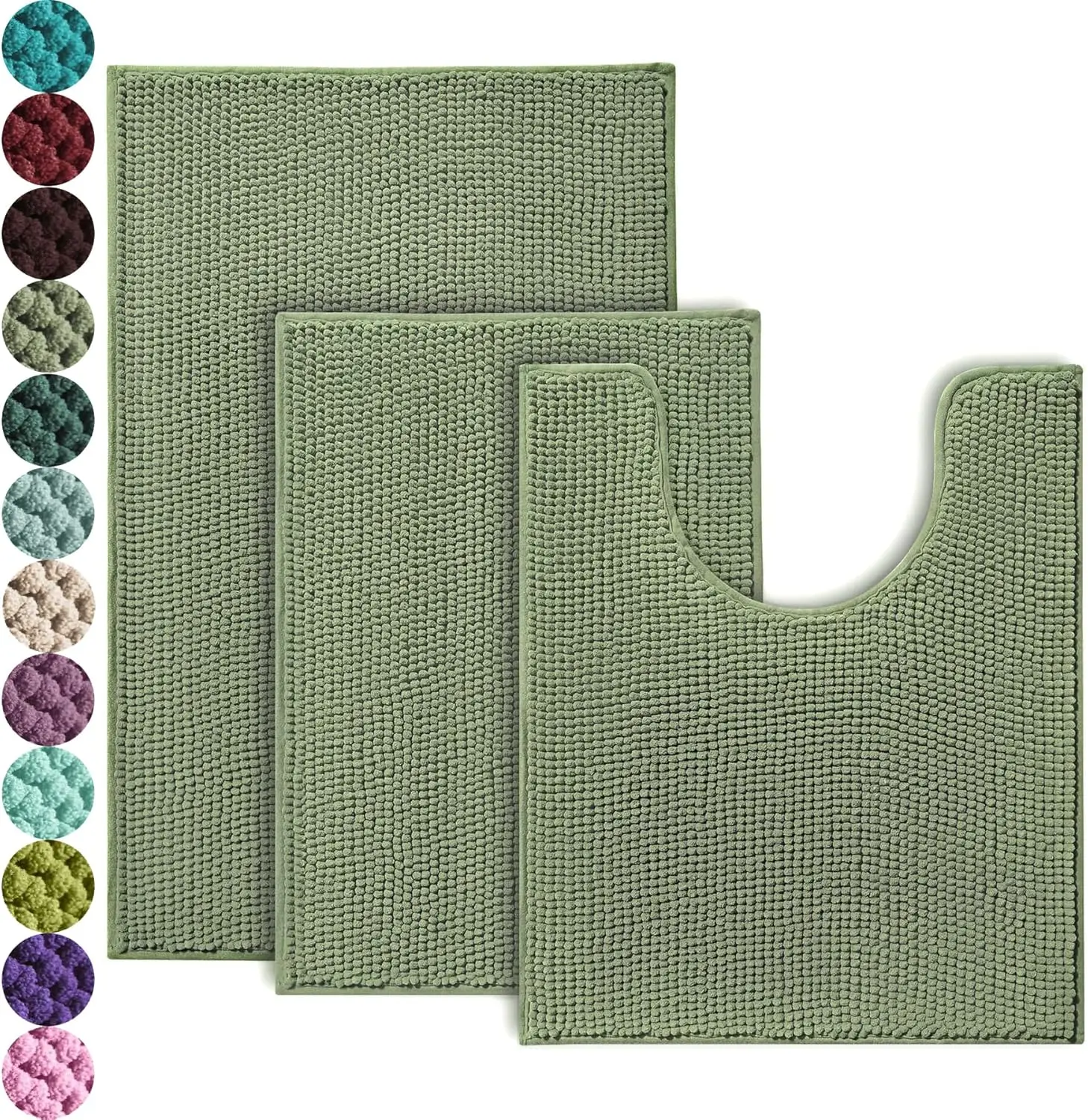 

3-Piece Non-Slip Chenille Bath Rug Set - Ultra Soft, Washable, Super Absorbent for Bathroom and Tub (Sage)