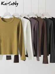 Basic Slim Tees Shirt For Women Spring O Neck Long Sleeves Solid Casual Women's Tops Elastic Plain Thin T Shirts Office Lady
