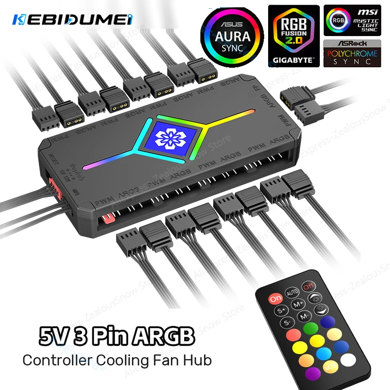 KEBIDUMEI ARGB PWM Fan Hub Adapter Controller 1To9 Port 5V 3 Pin PC Cooling Fan Hub Splitter SATA Power Supply PWM Magnetic Hub