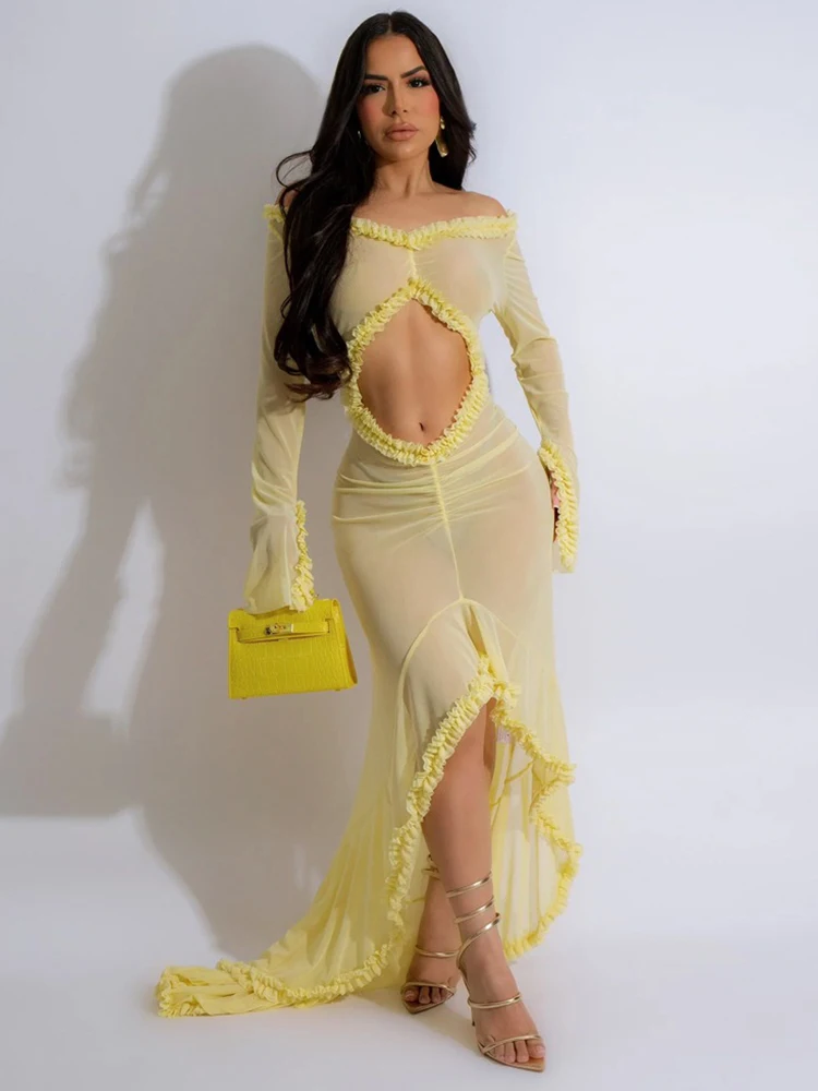 Sexy elegante Kleider für Frauen, V-Ausschnitt, schulterfreies Kleid, Körperform, Damen, transparent, durchsichtige Kleider, ausgeschnittene Taille