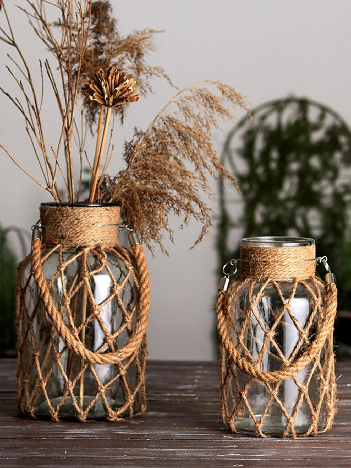 Florero de cristal colgante rústico, florero de cristal de flor seca con cuerda de cáñamo artística, decoración transparente para el hogar y la sala de estar, decoración de mesa