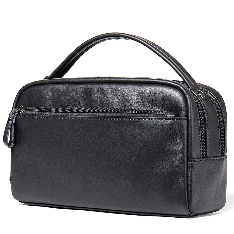 Leather business handbag super soft large capacity wash gargle bag leather casual handbag Male clutch bag black