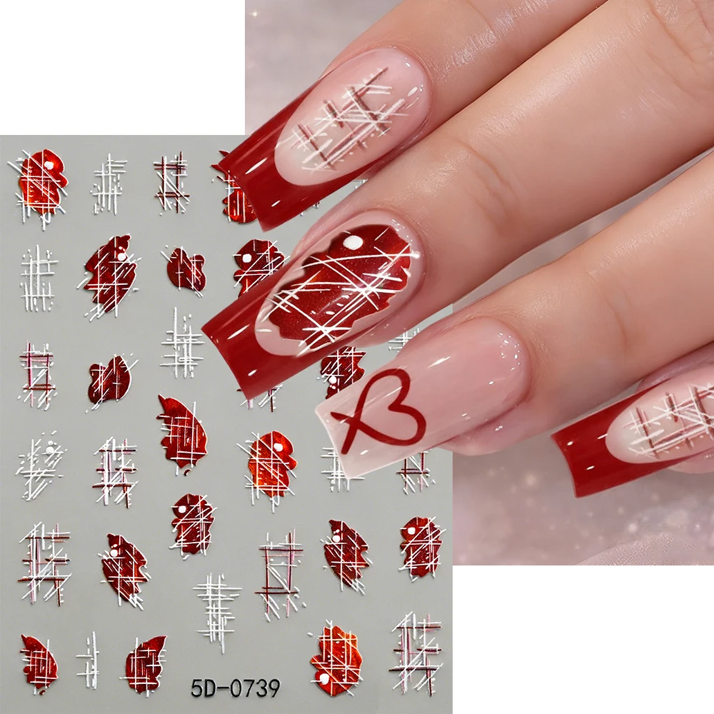 1Pcs 5D Red White Cross Line Plaid Nail Stickers Retro Checkered Self-Adhesive Nails Art Decals Y2K Sweet Grids Manicure Sliders