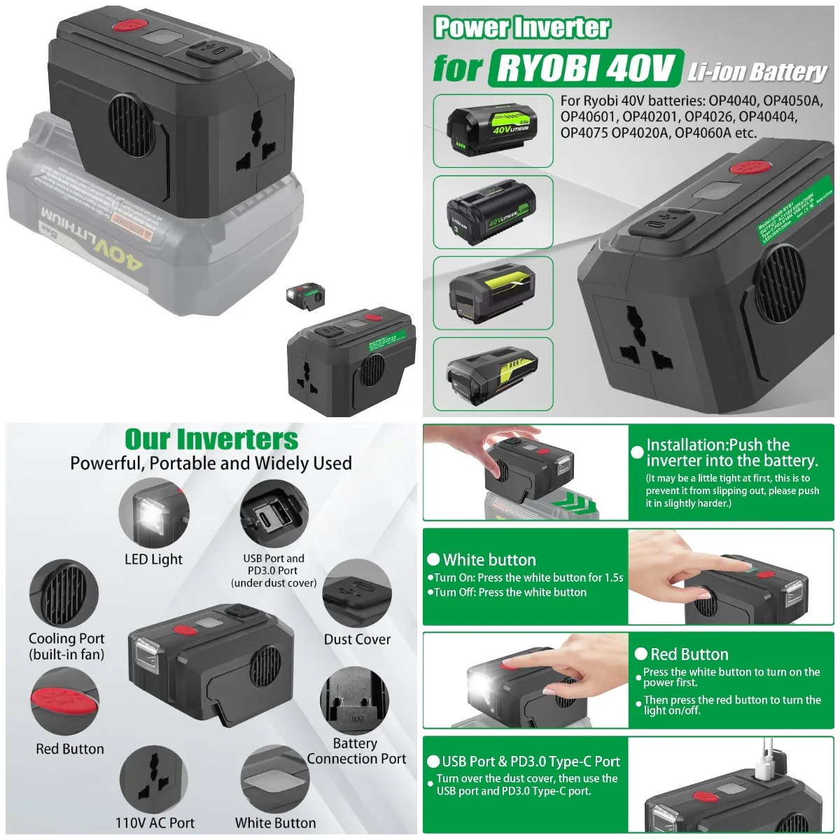 

Power Inverter for Ryobi 40V Battery, 200W DC 18V to AC 110V, USB & Type C PD3.0, LED Light