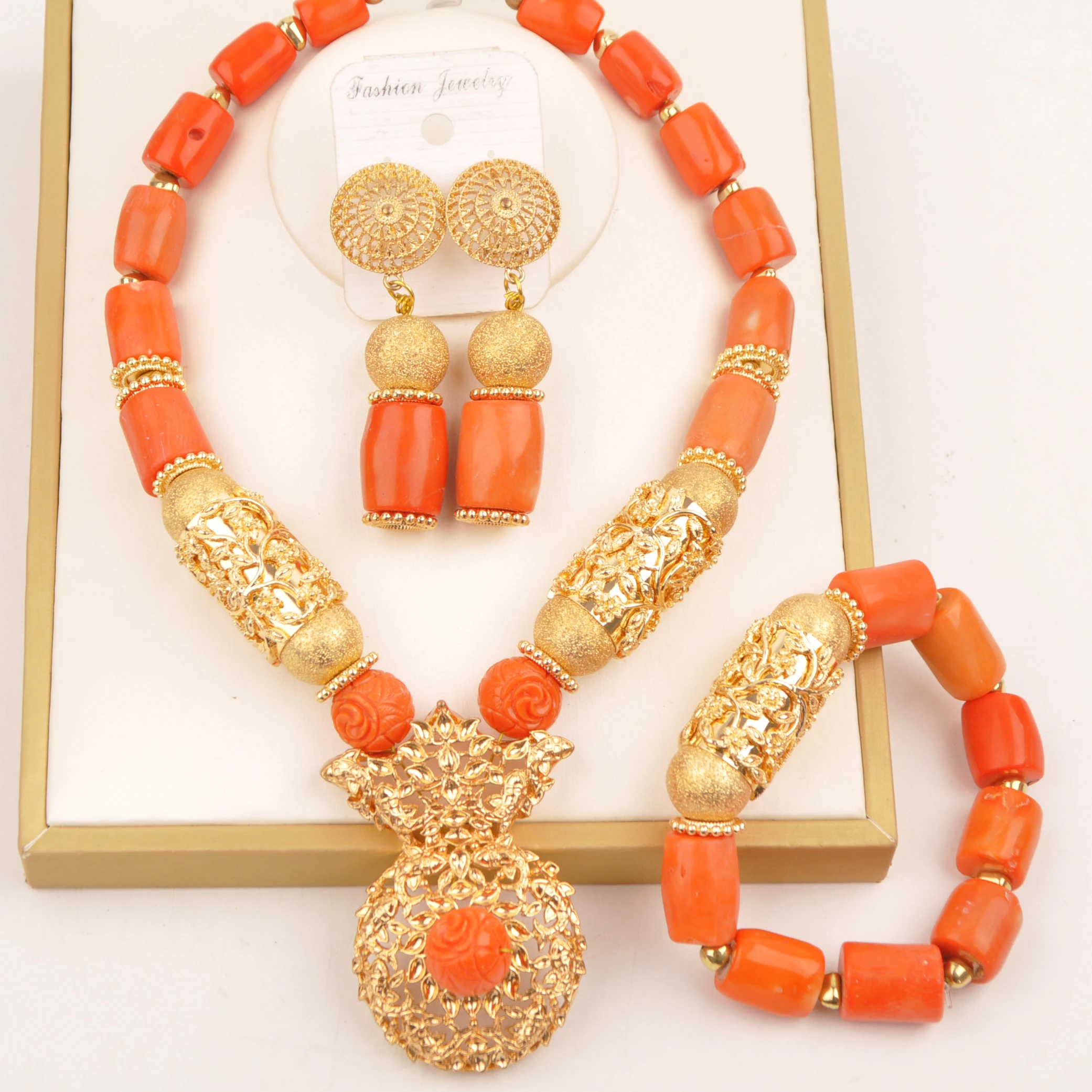 

Natural coral beads African jewelry set gift bride Nigerian orange necklace