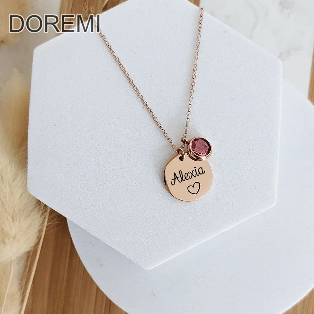 DOREMI Stainless Steel Round Coin Pendant Blank Necklace Custom Carved Letter Custom Name Necklace Birthstone Charm Necklace