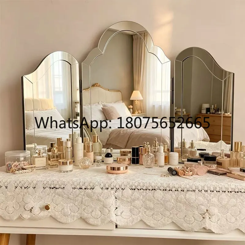 European-style bathroom wall-mounted mirror vanity table desktop home mirror retro bedroom triple-fold dressing