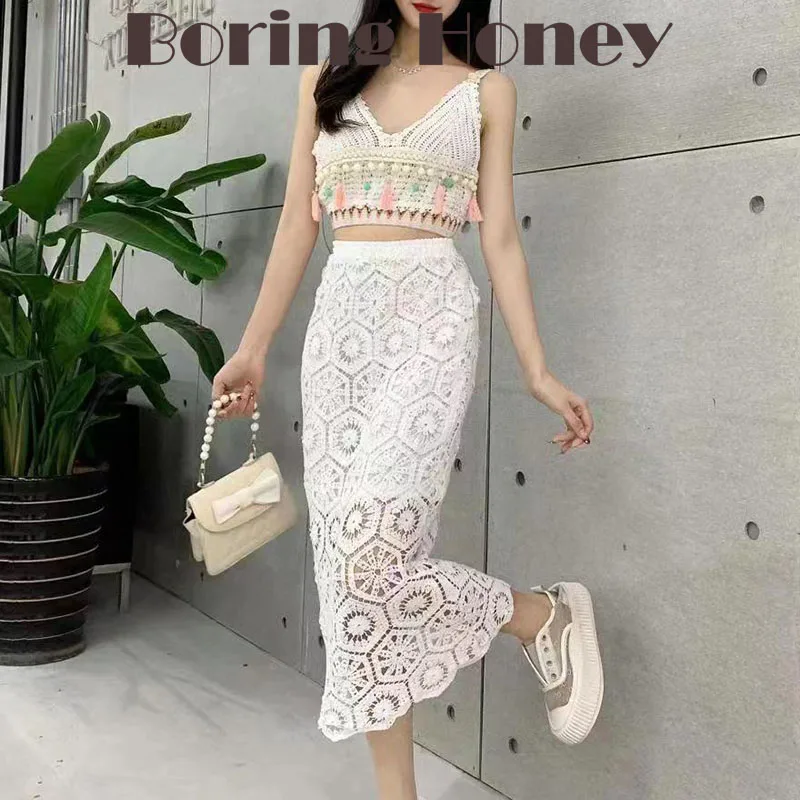 

Boring Honey Women Summer New Bohemian Holiday Wind Crochet Hollow Sexy Suspender Top Bag Arm Skirt Fashion Suit Two-Piece Femal