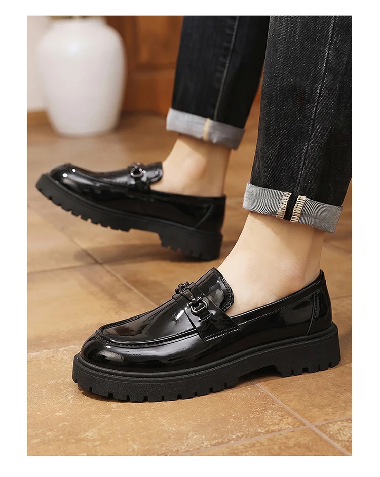 Herren-Loafer mit dicker Sohle, Metallschnalle, Slip-On-Lederschuhe, rutschfeste Plateau-Freizeitschuhe für Büro, Alltag und Party – Detail 9