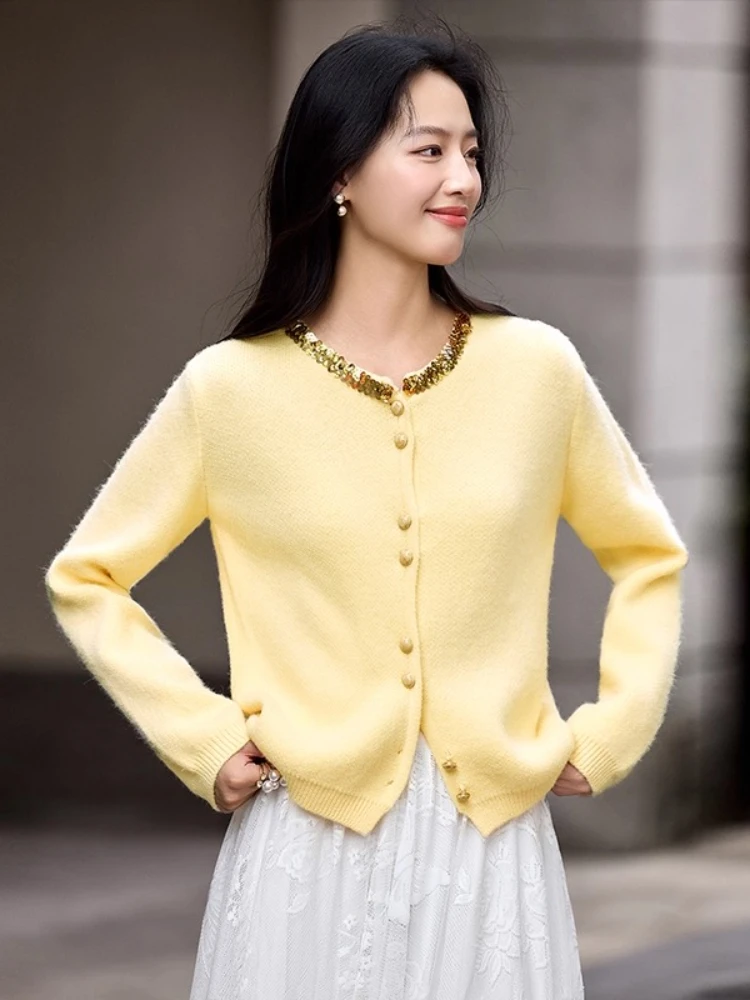 SENTUBILA Cardigan casual da donna 2025 Autunno monopetto con paillettes maglioni tinta unita manica lunga top in maglia femminile W54EB3954