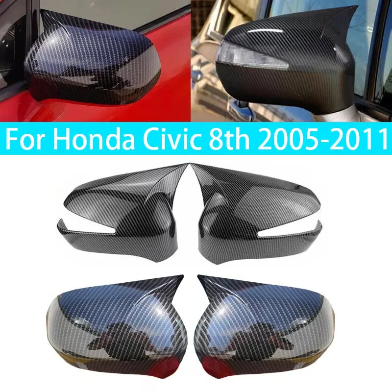 

For Honda Civic 8th 2005-2011 Car Rearview Side Mirror Cover Wing Cap Sticker Door Rear View Case Trim Carbon Fiber Look Black