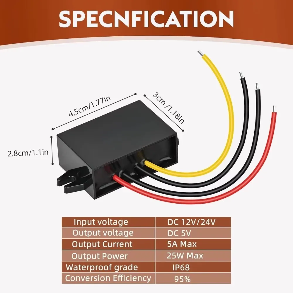 DC 24V 12V To 5V 1A 2A 3A 5A Converter Car Power Supply Voltage Regulator Waterproof Buck Converter Module For Trucks Golf Carts