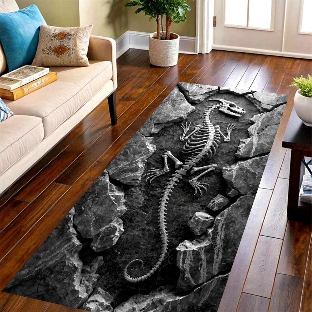 Dinosaur Skeleton Stone Long Runner Rug,fossil bone print floor mat,kitchen passage,bedroom,front entry floor decor