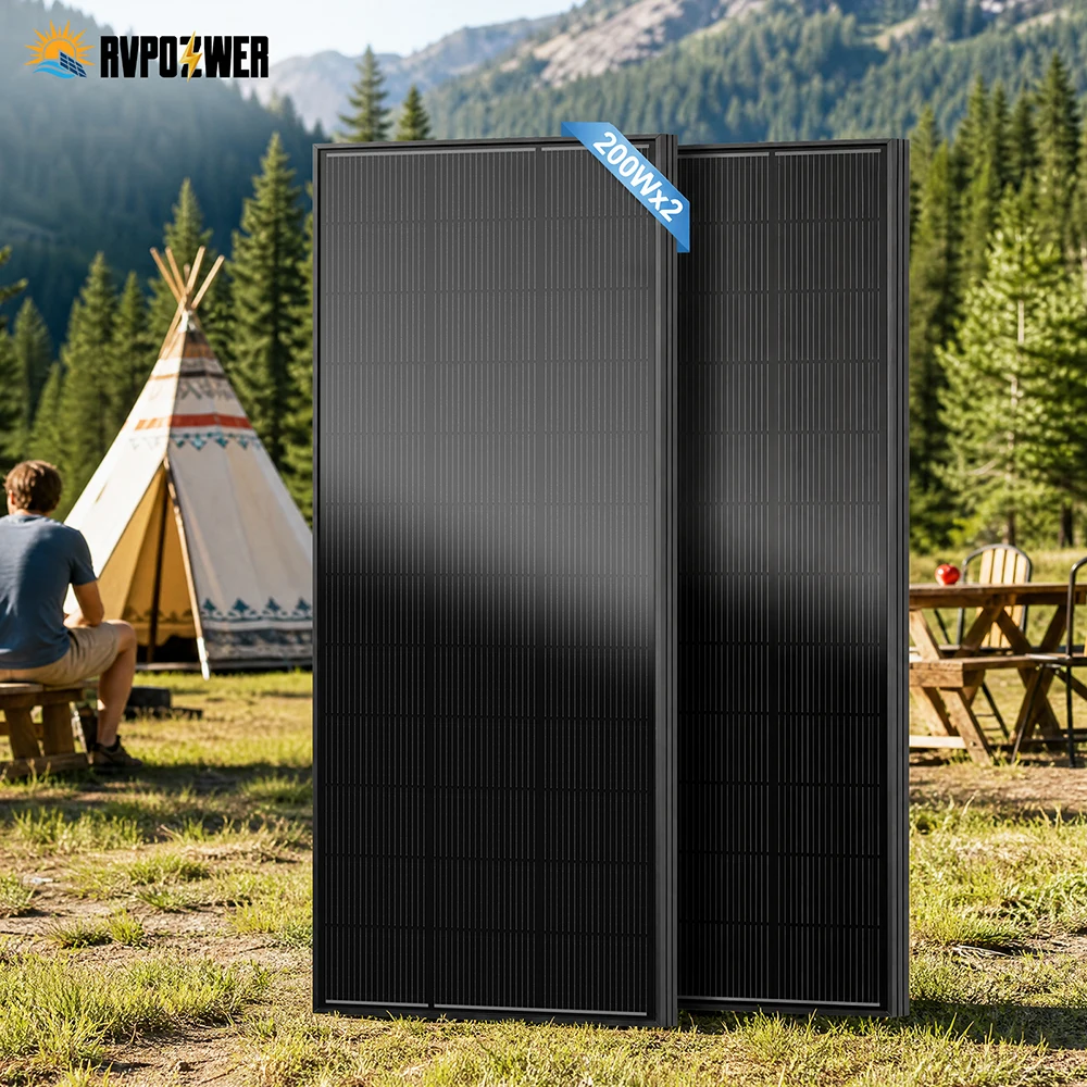 Paneles Solares Rígidos RVPOZWER de 400W, Células Monocristalinas Tipo N 18BB, 25% de Alta Eficiencia, Energía Fotovoltaica para Carga en Casa, RV, Granja, Viajes Fuera de la Red, Camping, Alto Rendimiento 200W, 2 Piezas