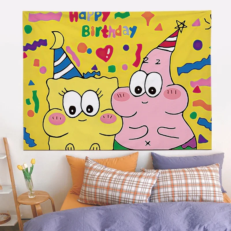 SpongeBob Patrick Star Hanging Cloth Wall Happy Birthday Background Cloth Kids party Decoration Wall Cloth Octopus Brother Carpe